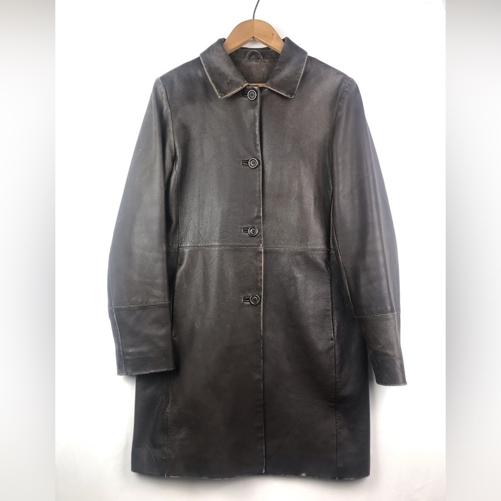 Bod & Christiansen Distressed Brown Leather Button Front Trench Coat, size 10